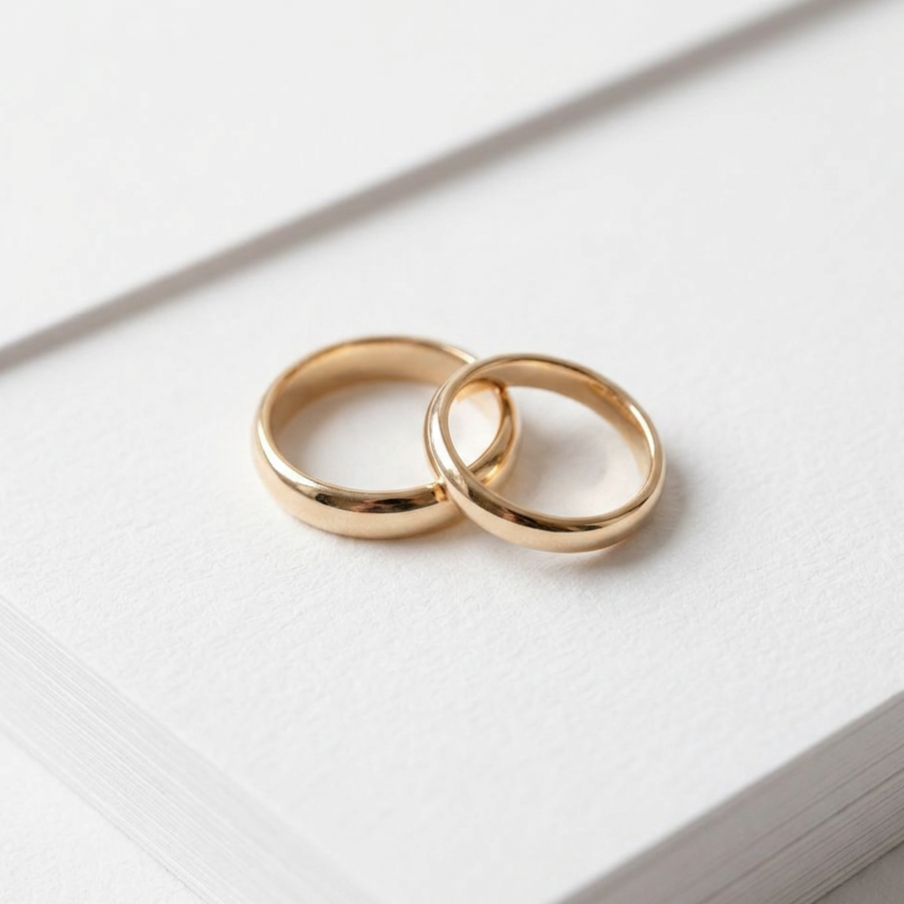 Rose gold and yellow gold wedding bands on marble